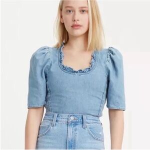 Levis Louise Denim Crop Top Puff Sleeve Ruffle Bow Light Wash Blue Size Medium